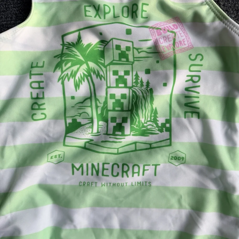 NWT Minecraft Girls One Piece Swimsuit Bathing Suit Stripes UPF 50+ Green M 7/8